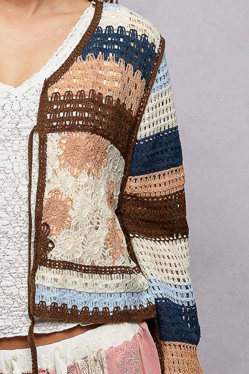 Long Sleeve Crochet Striped Tie Closure Open Cardigan Top