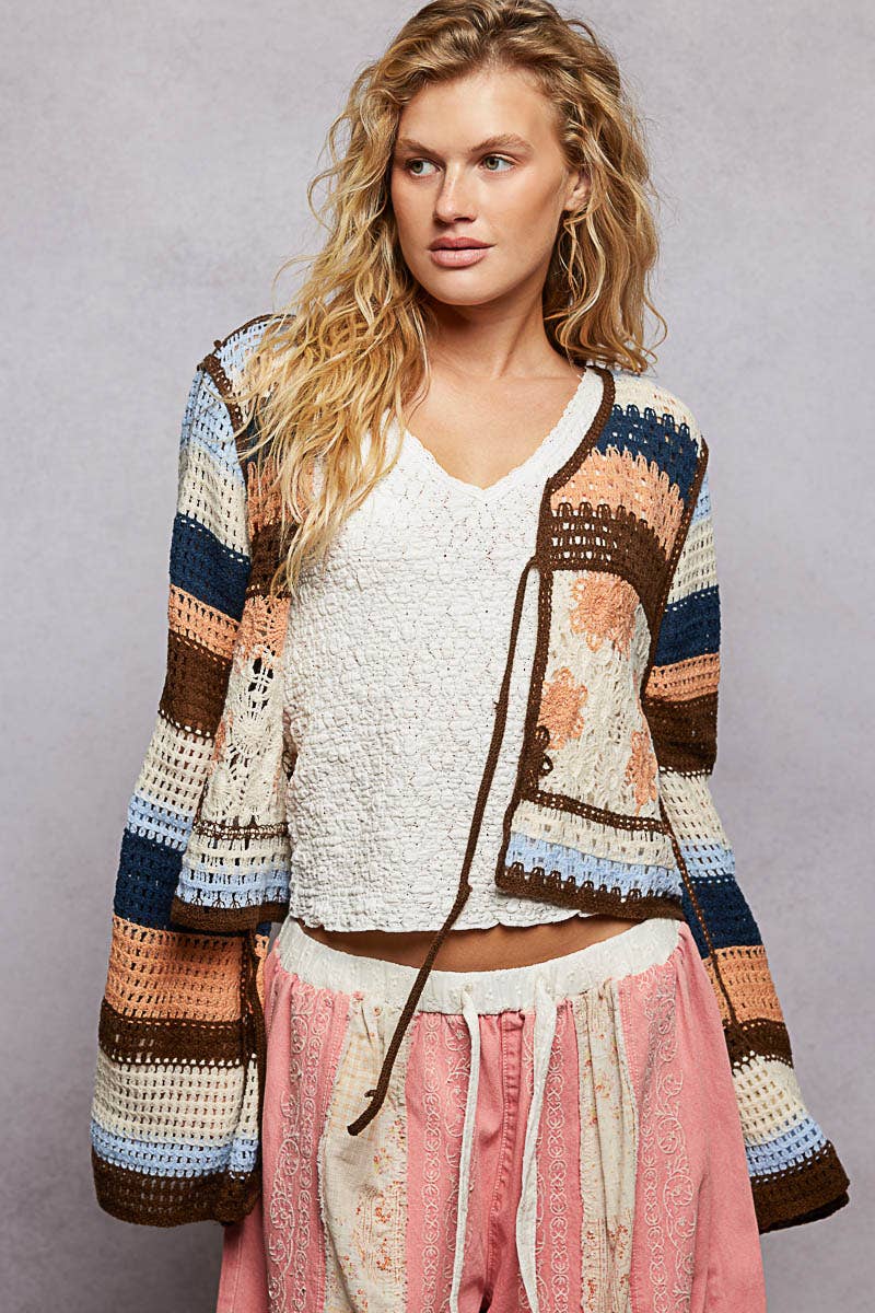 Long Sleeve Crochet Striped Tie Closure Open Cardigan Top