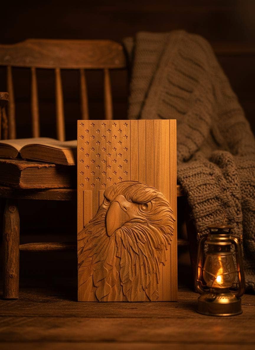 8" Carved Eagle & Flag Wood Art - 250th Anniversary