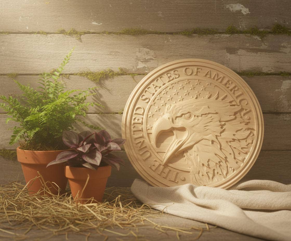 Carved Eagle on American Flag: Patriotic Wood Decor