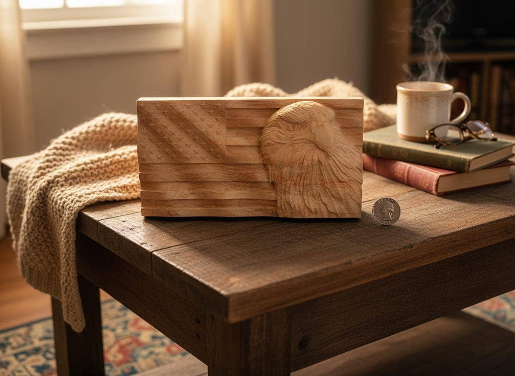 8" Carved Eagle & American Flag Wood Art