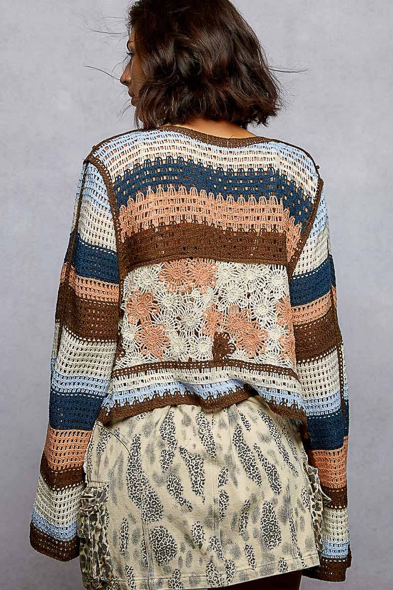 Long Sleeve Crochet Striped Tie Closure Open Cardigan Top