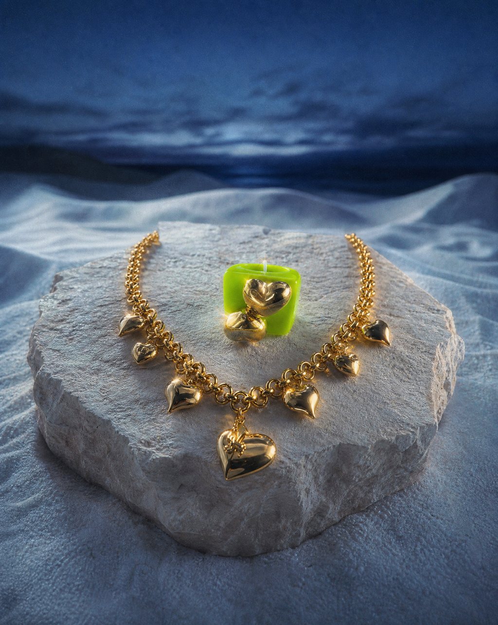 Puffy Heart Charm Necklace & Green Resin Ring Set