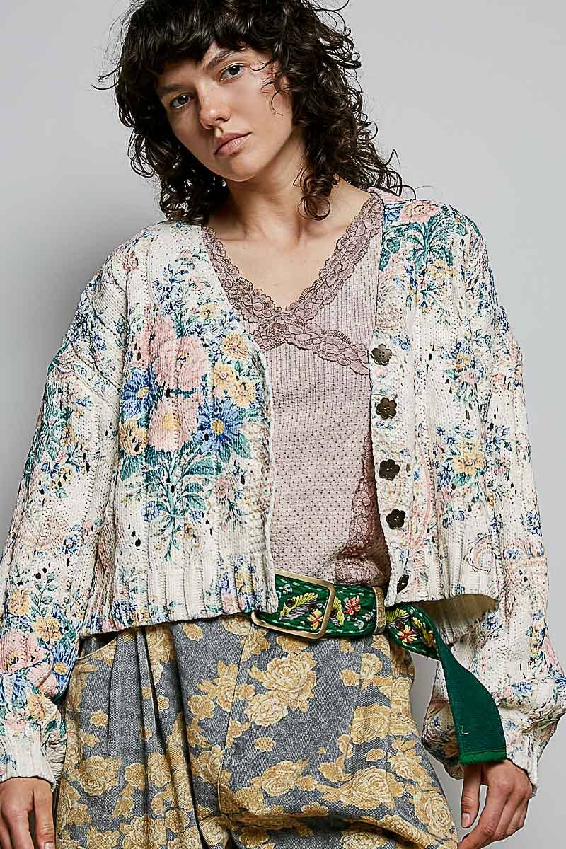 V-Neck Floral Print Button Chenille Sweater Cardigan Top