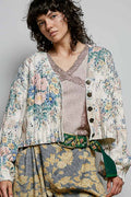 V-Neck Floral Print Button Chenille Sweater Cardigan Top