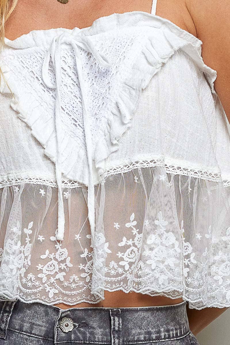 Airy Gauze Adjustable Strap Lace Ruffle Sleeveless Top