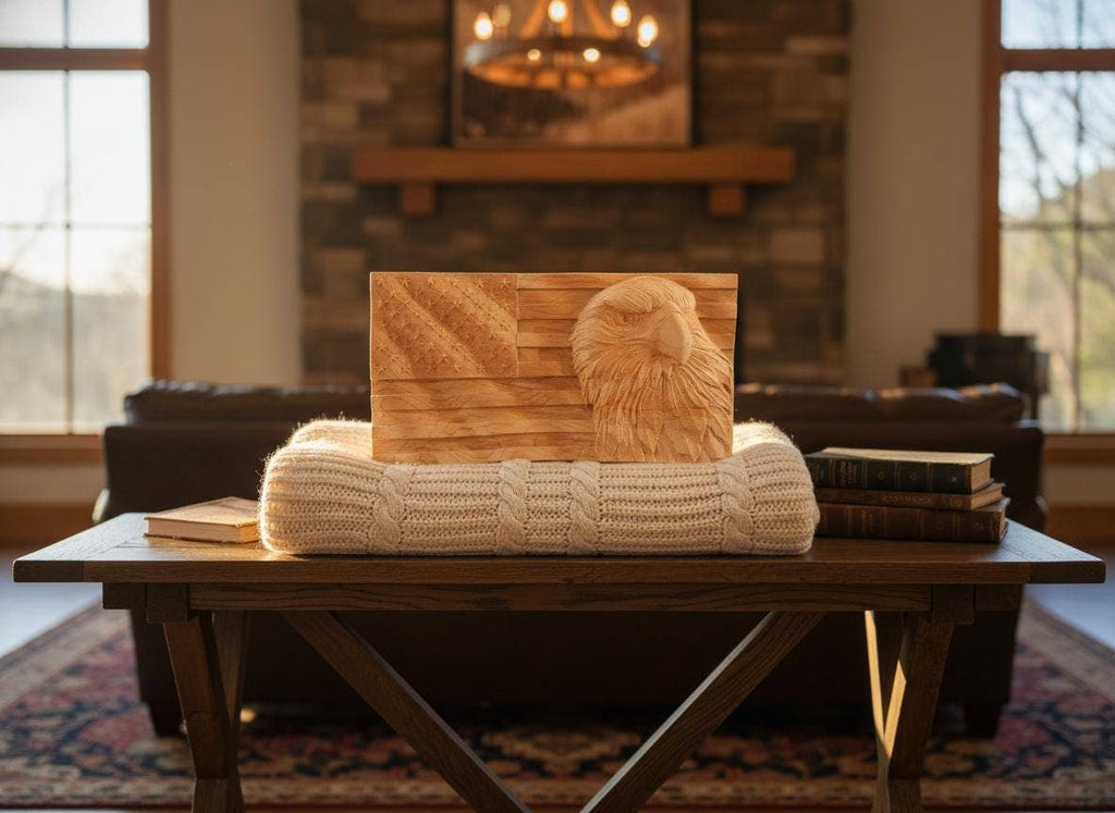 8" Carved Eagle & American Flag Wood Art