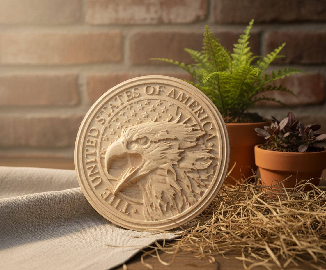 Carved Eagle on American Flag: Patriotic Wood Decor
