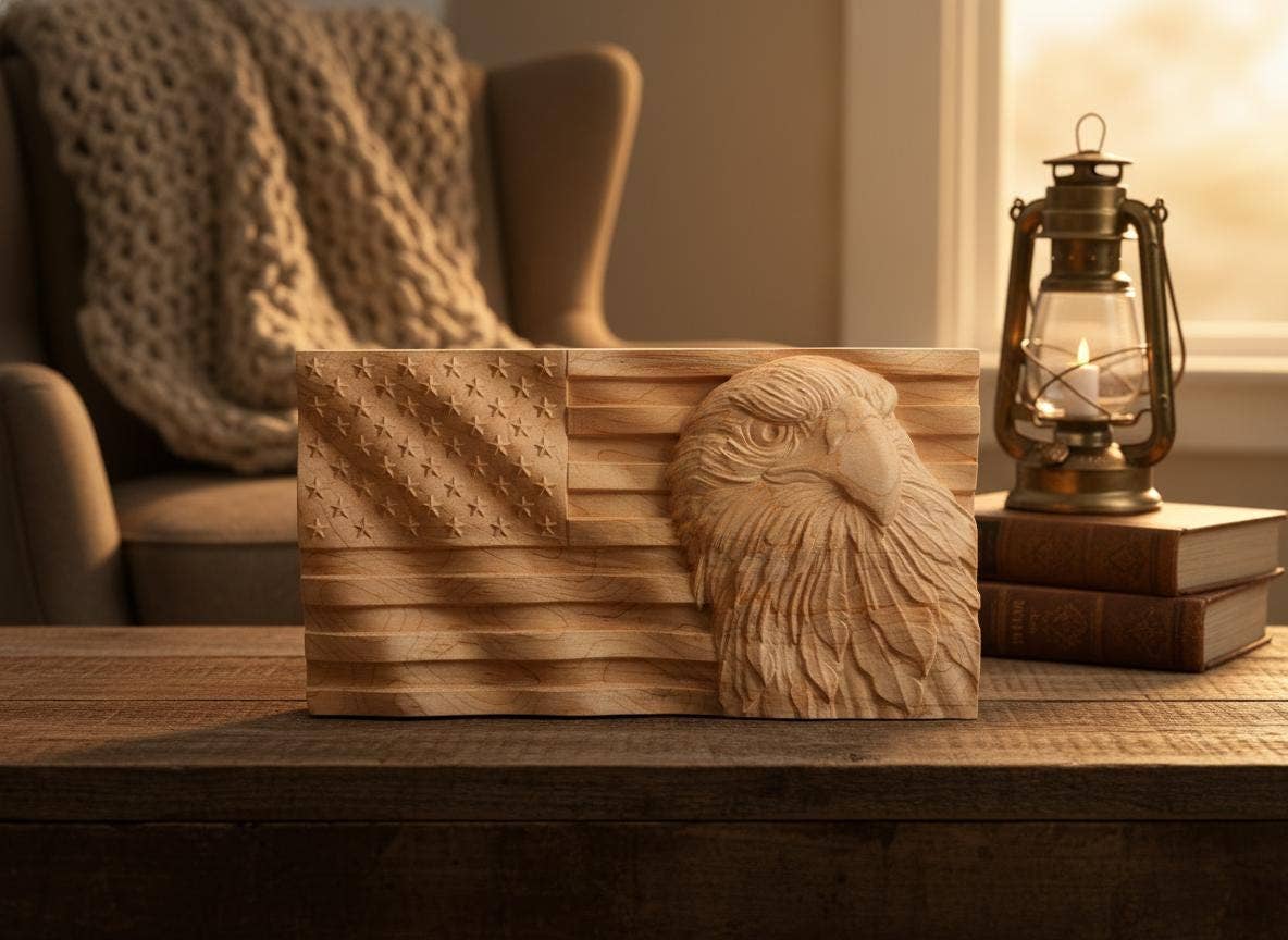 8" Carved Eagle & American Flag Wood Art