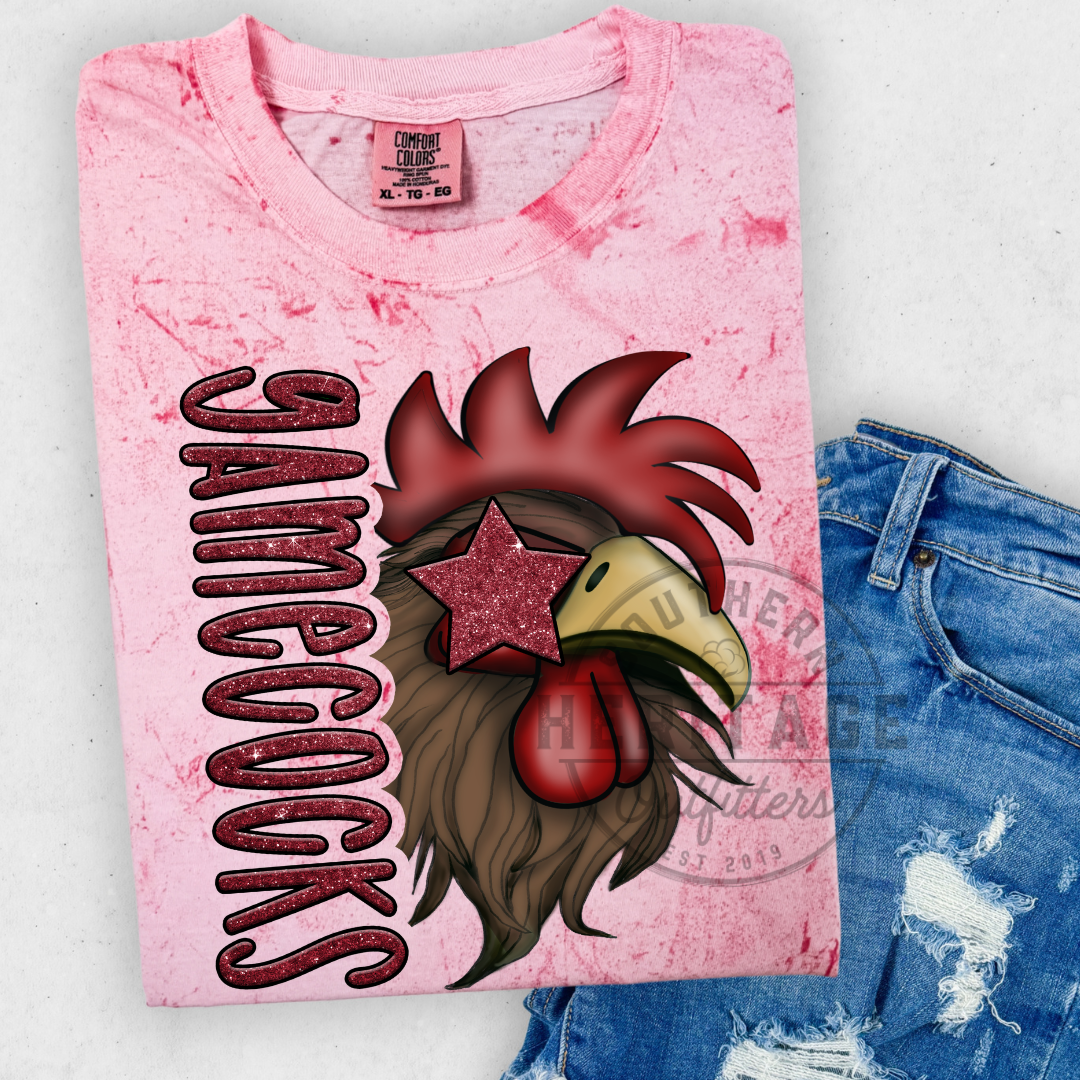 Cocky Faux Glitter Mascot – Comfort Colors Tee 🐔✨
