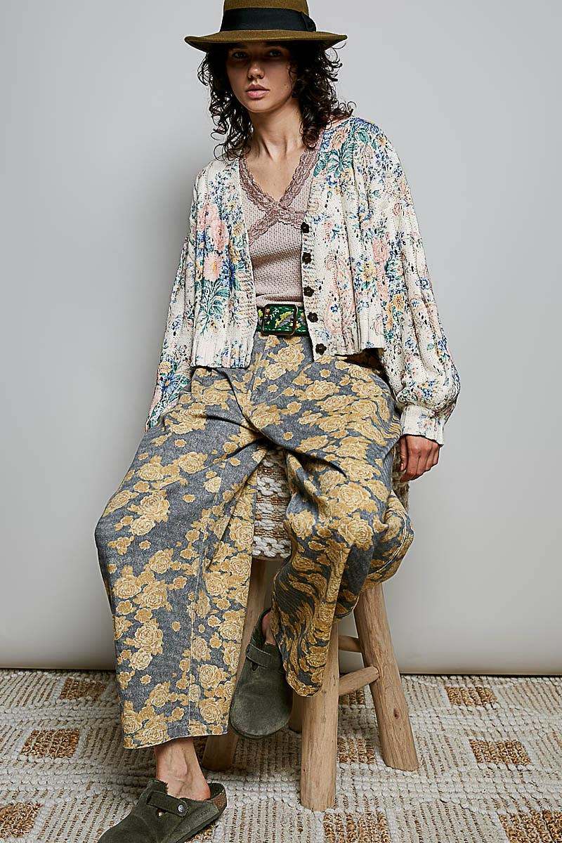 V-Neck Floral Print Button Chenille Sweater Cardigan Top