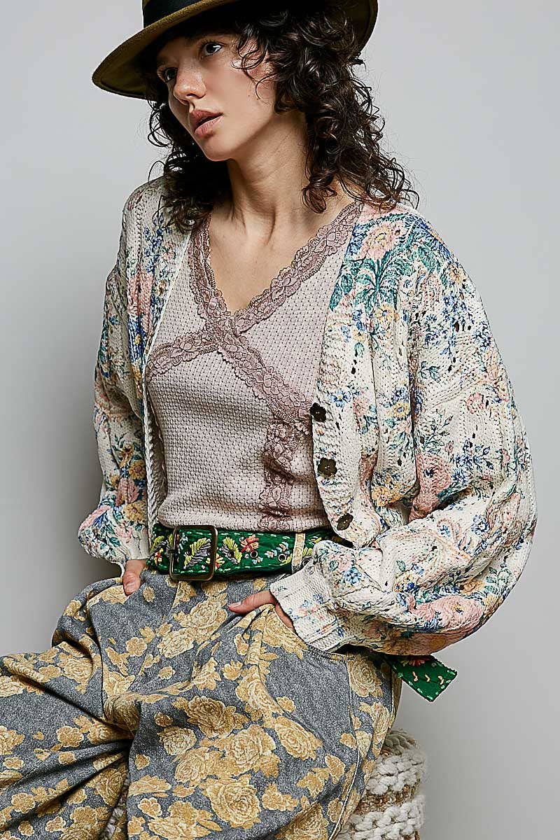 V-Neck Floral Print Button Chenille Sweater Cardigan Top