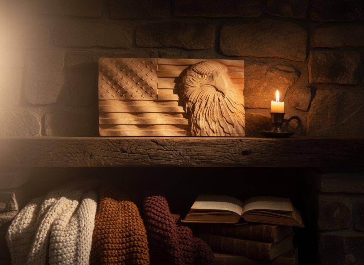 8" Carved Eagle & American Flag Wood Art