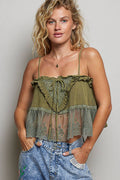 Airy Gauze Adjustable Strap Lace Ruffle Sleeveless Top