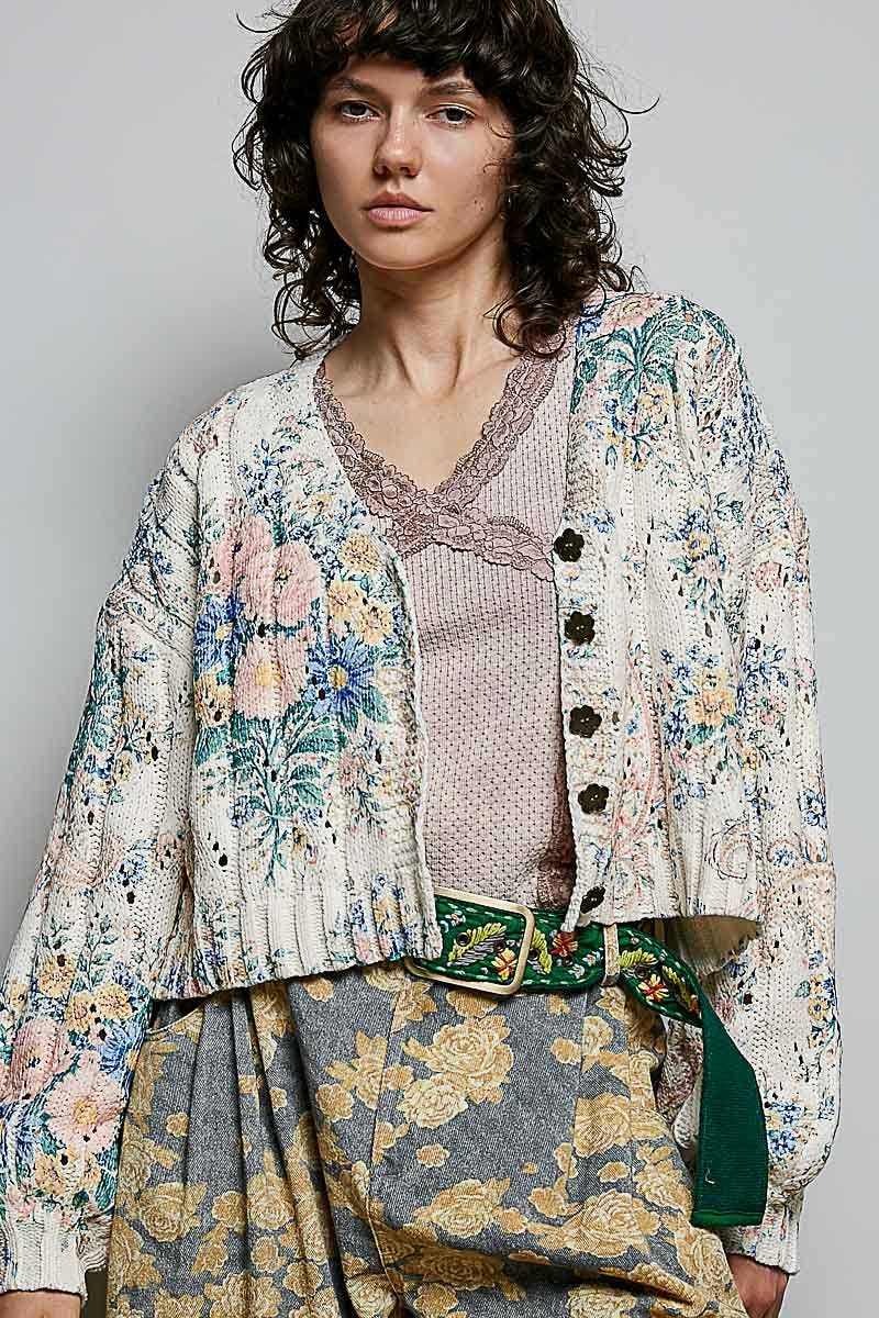 V-Neck Floral Print Button Chenille Sweater Cardigan Top