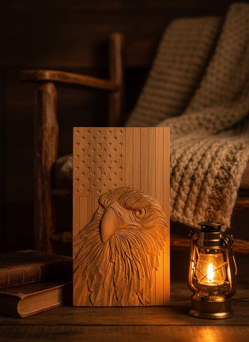 8" Carved Eagle & Flag Wood Art - 250th Anniversary