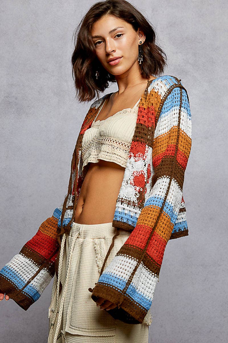 Long Sleeve Crochet Striped Tie Closure Open Cardigan Top