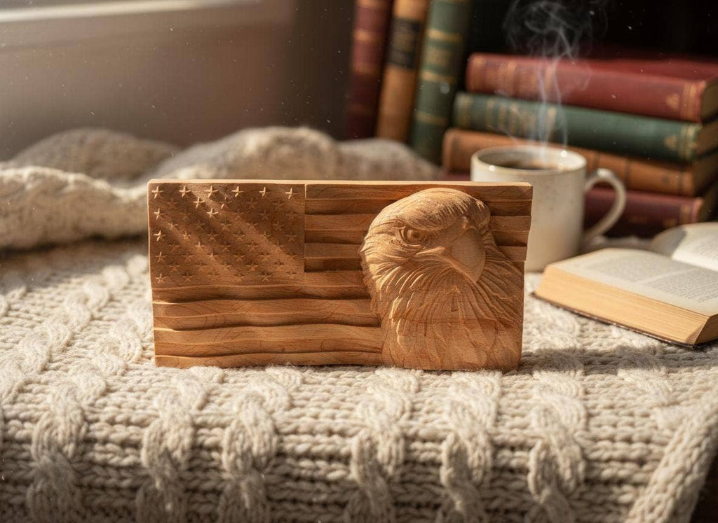 8" Carved Eagle & American Flag Wood Art