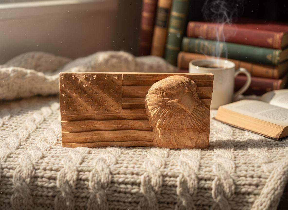 8" Carved Eagle & American Flag Wood Art