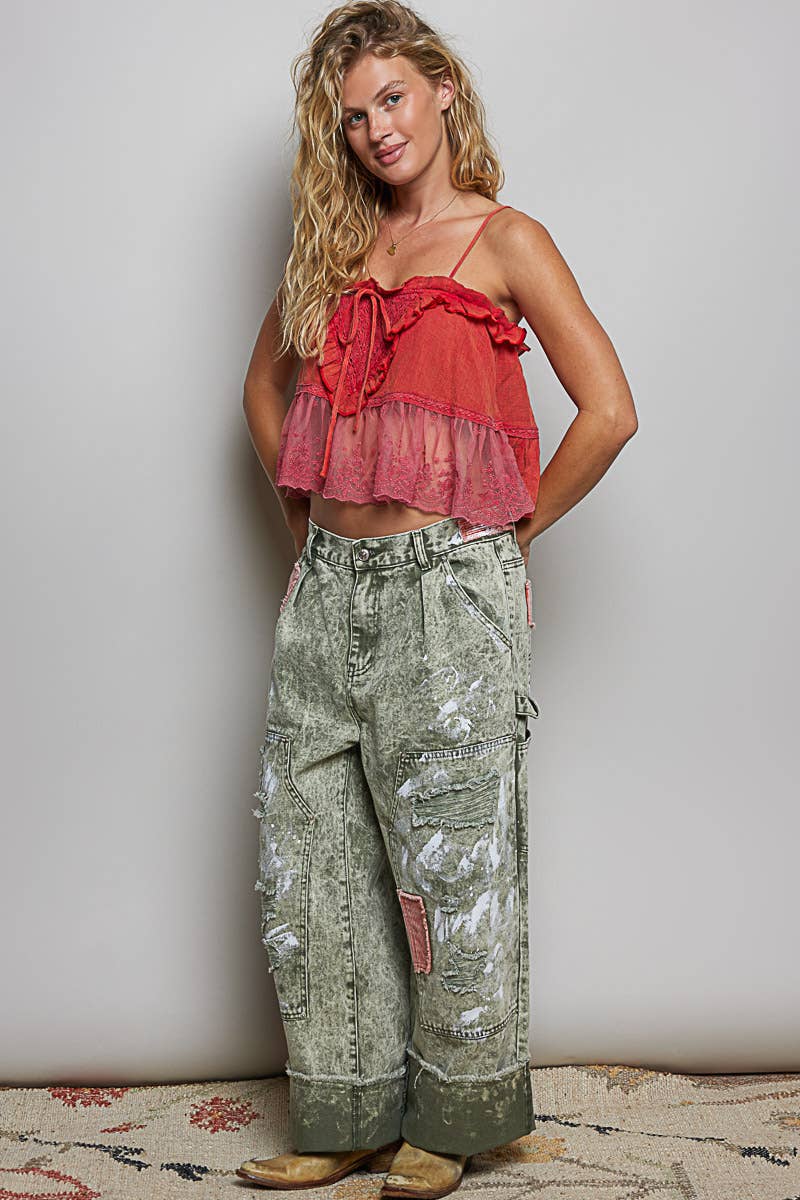 Airy Gauze Adjustable Strap Lace Ruffle Sleeveless Top