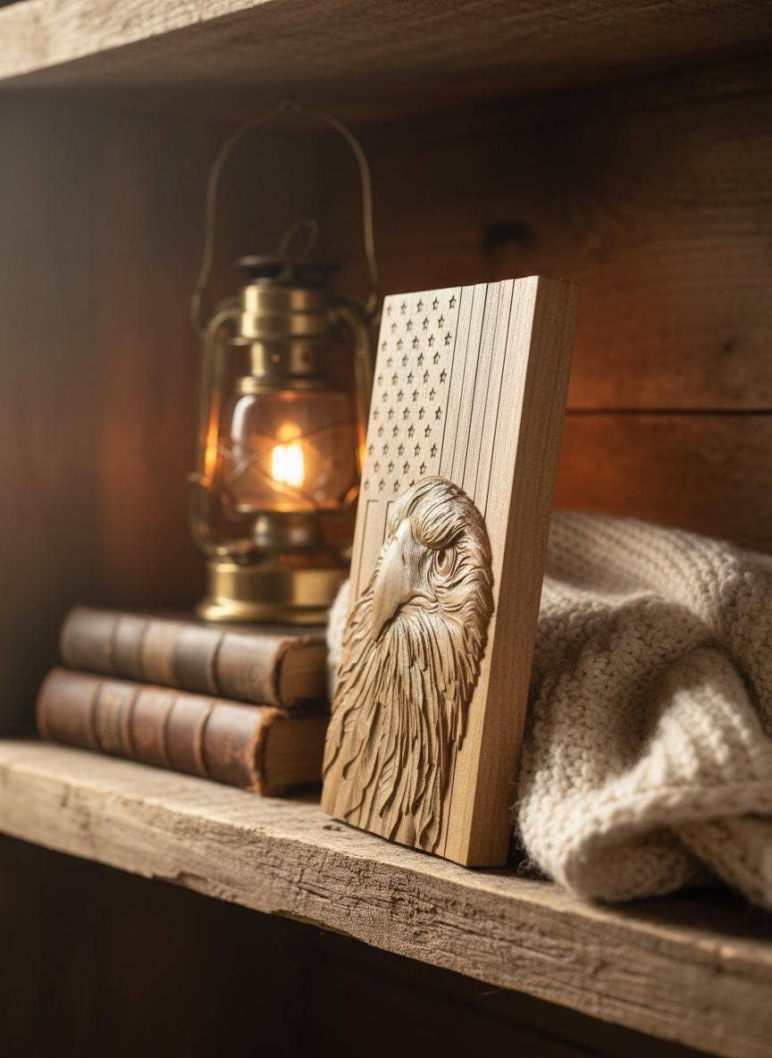 8" Carved Eagle & Flag Wood Art - 250th Anniversary