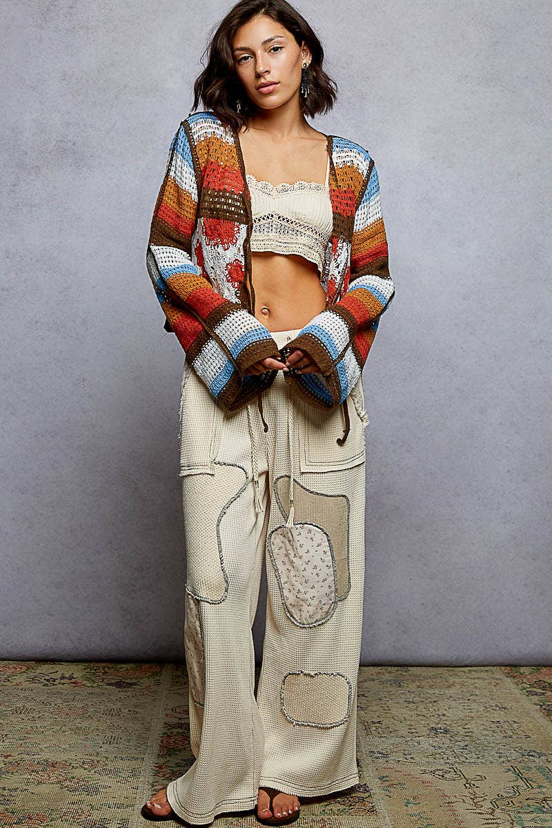 Long Sleeve Crochet Striped Tie Closure Open Cardigan Top