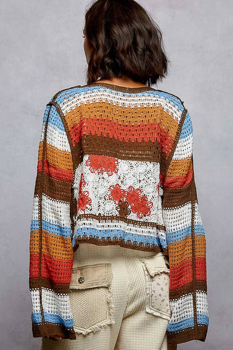Long Sleeve Crochet Striped Tie Closure Open Cardigan Top