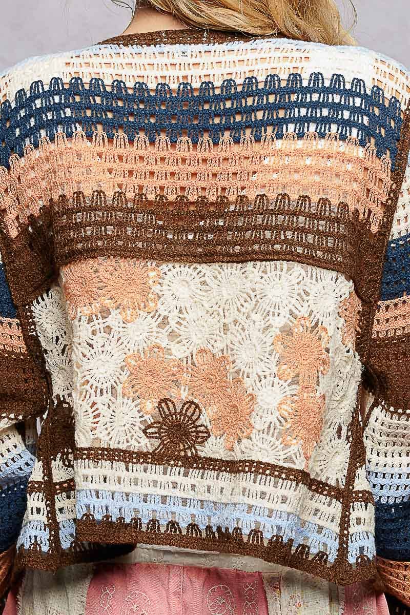 Long Sleeve Crochet Striped Tie Closure Open Cardigan Top