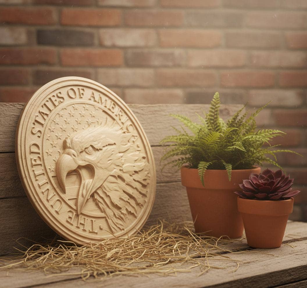 Carved Eagle on American Flag: Patriotic Wood Decor