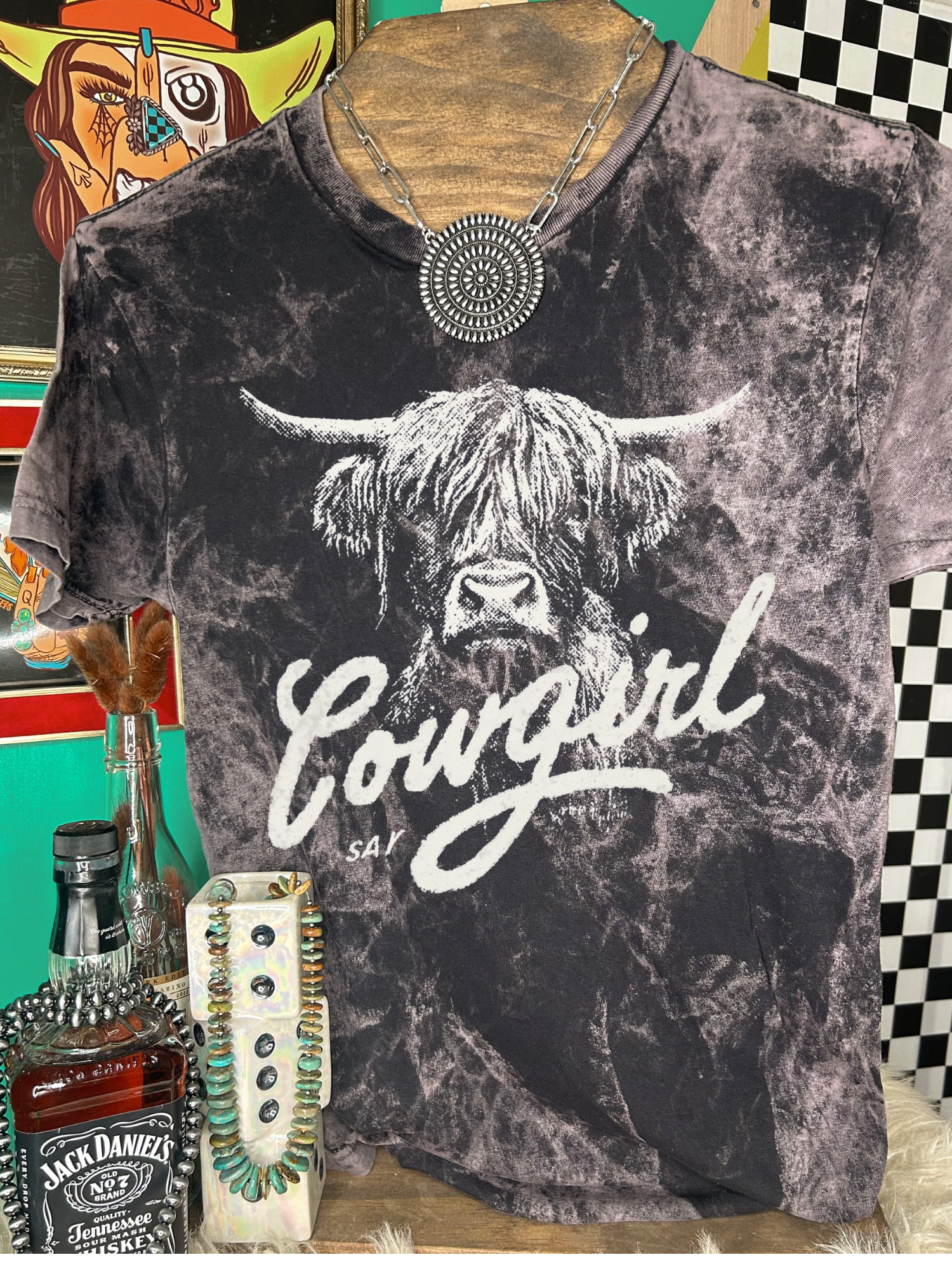 Acid Wash Western Highland Cow Tee