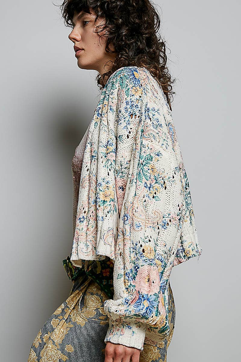 V-Neck Floral Print Button Chenille Sweater Cardigan Top