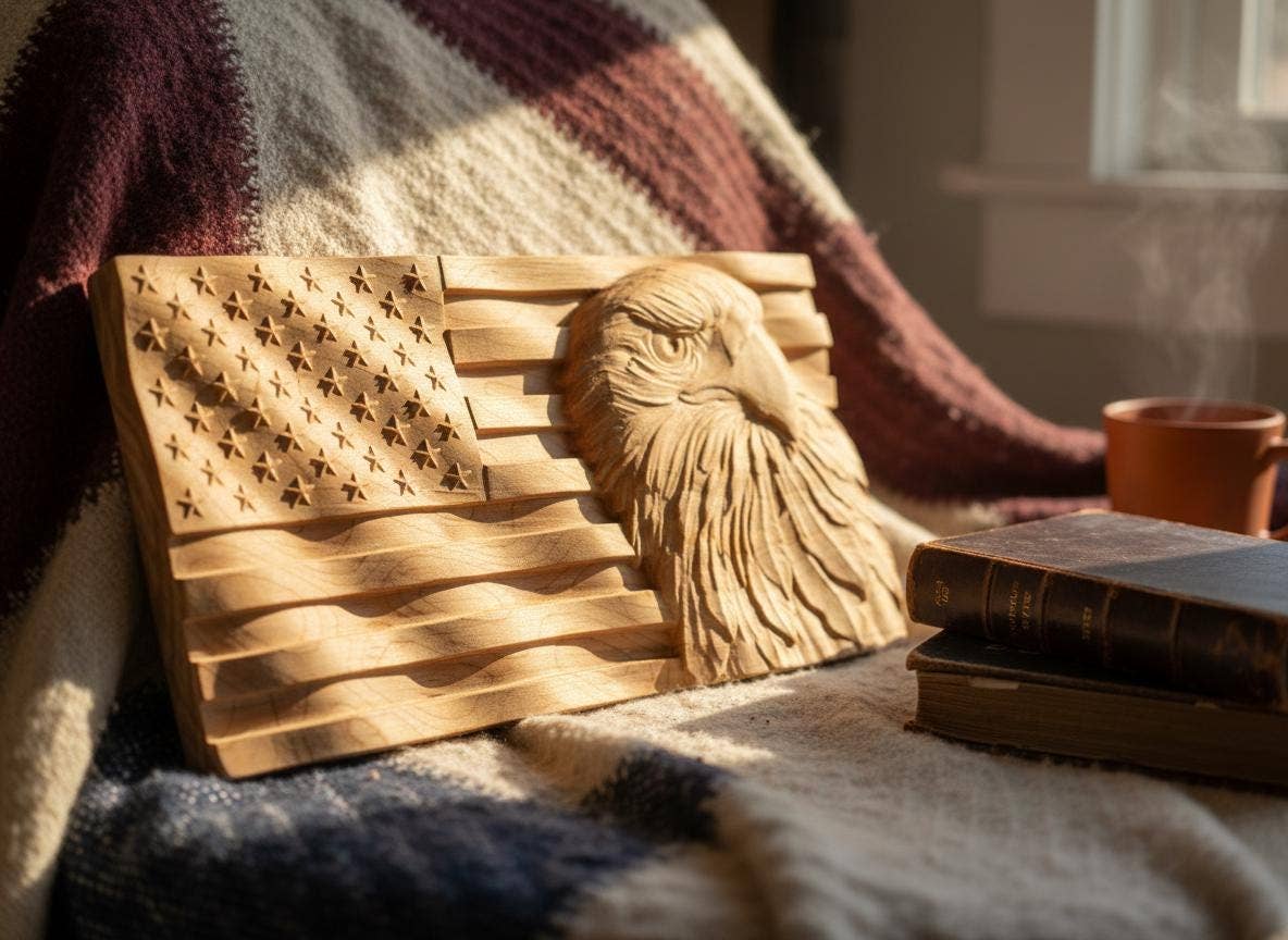 8" Carved Eagle & American Flag Wood Art