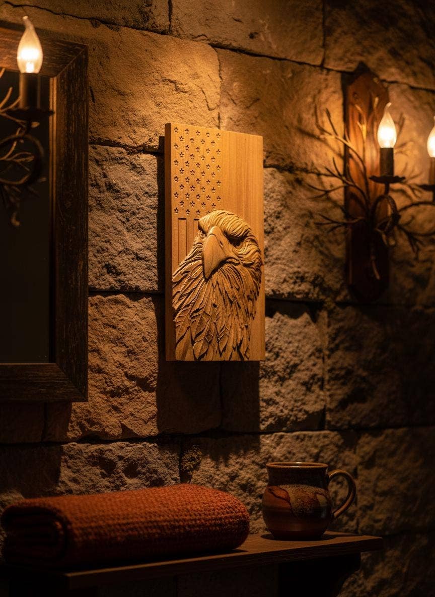 8" Carved Eagle & Flag Wood Art - 250th Anniversary