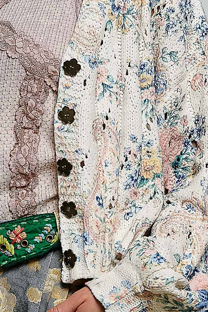 V-Neck Floral Print Button Chenille Sweater Cardigan Top