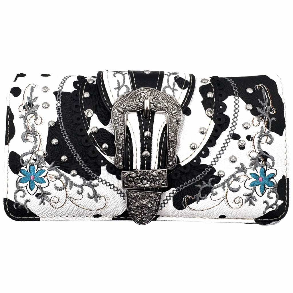 Cow Print Western Leather Buckle Crossbody Wallet