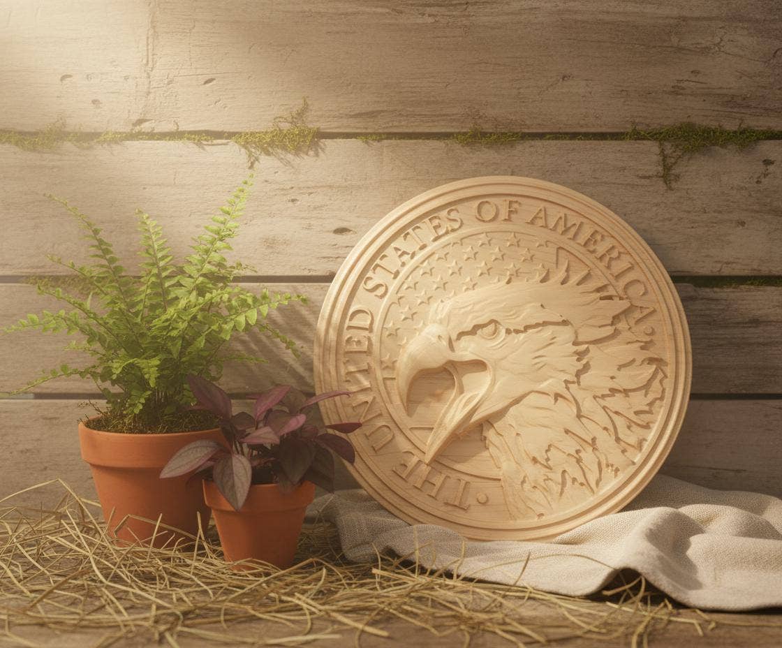 Carved Eagle on American Flag: Patriotic Wood Decor