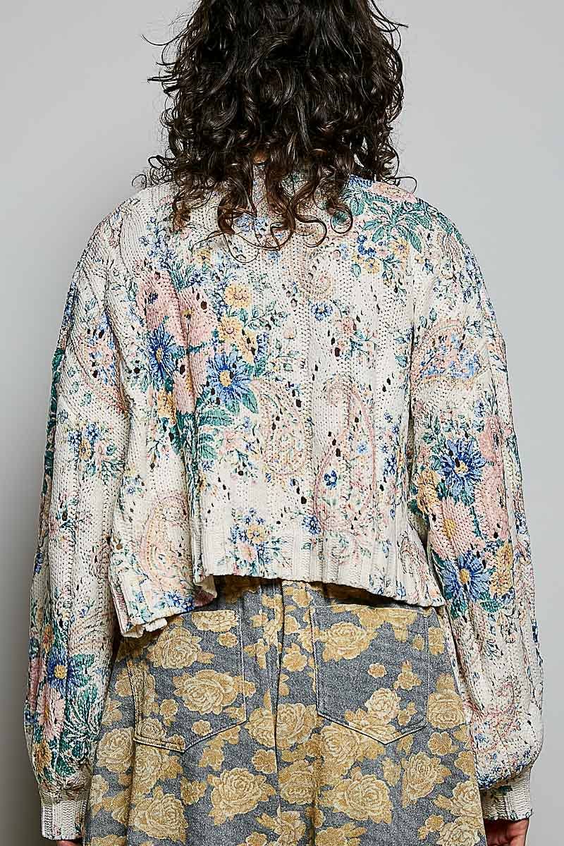 V-Neck Floral Print Button Chenille Sweater Cardigan Top