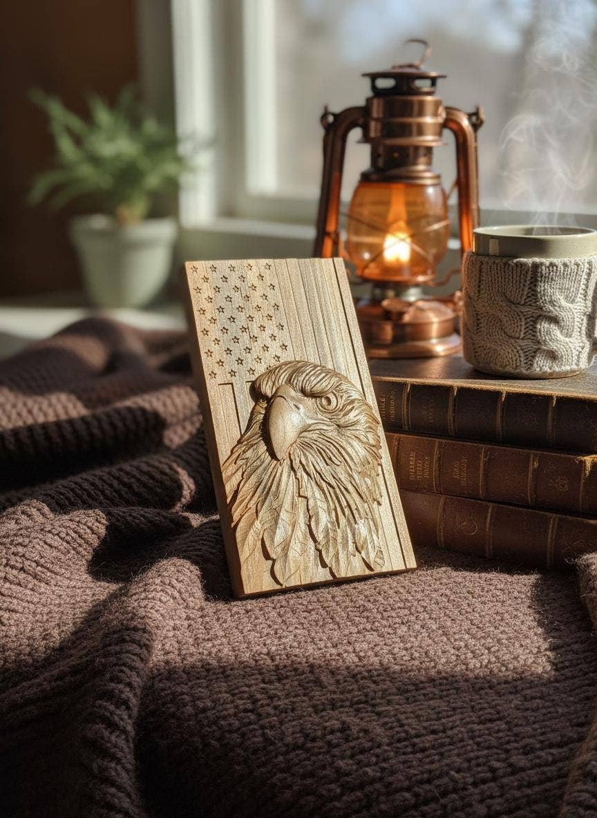 8" Carved Eagle & Flag Wood Art - 250th Anniversary