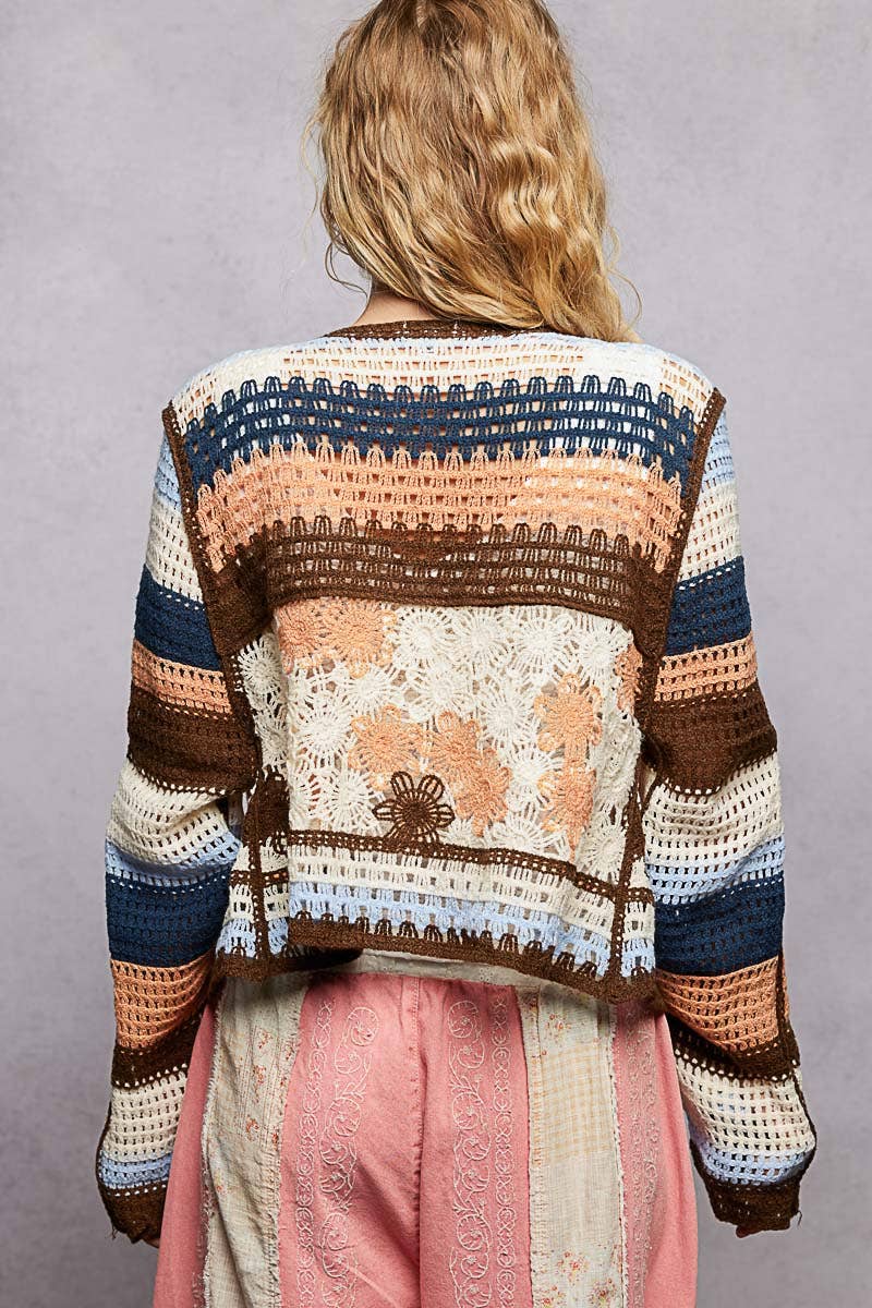 Long Sleeve Crochet Striped Tie Closure Open Cardigan Top