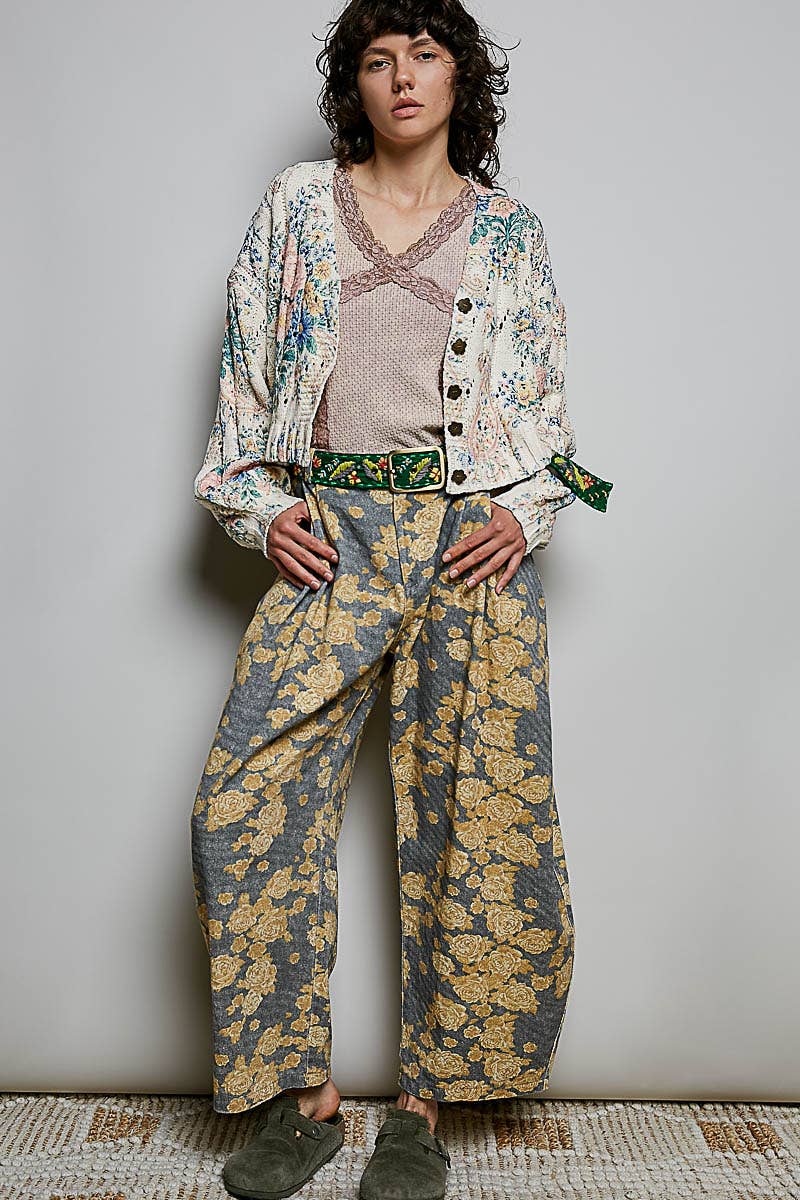 V-Neck Floral Print Button Chenille Sweater Cardigan Top