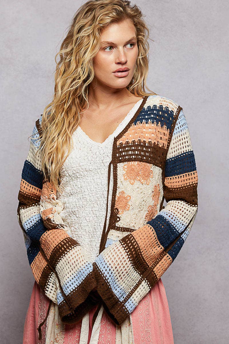 Long Sleeve Crochet Striped Tie Closure Open Cardigan Top