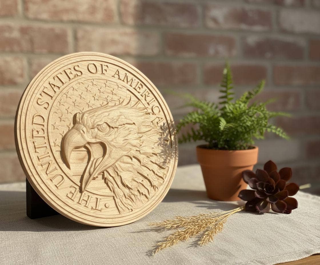 Carved Eagle on American Flag: Patriotic Wood Decor