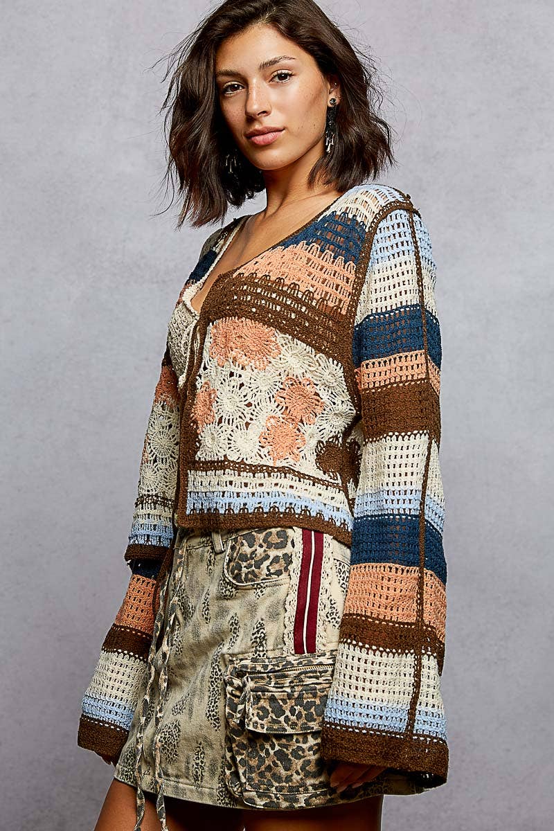 Long Sleeve Crochet Striped Tie Closure Open Cardigan Top